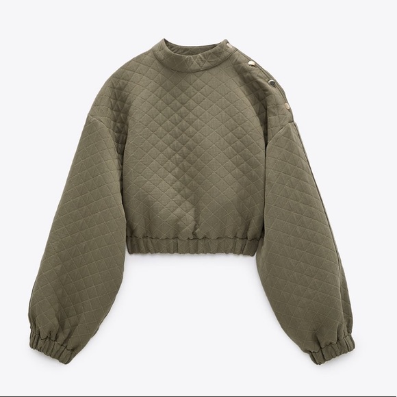 Zara Sweaters - ZARA Gold Button Detail Quilted Olive Green Sweater